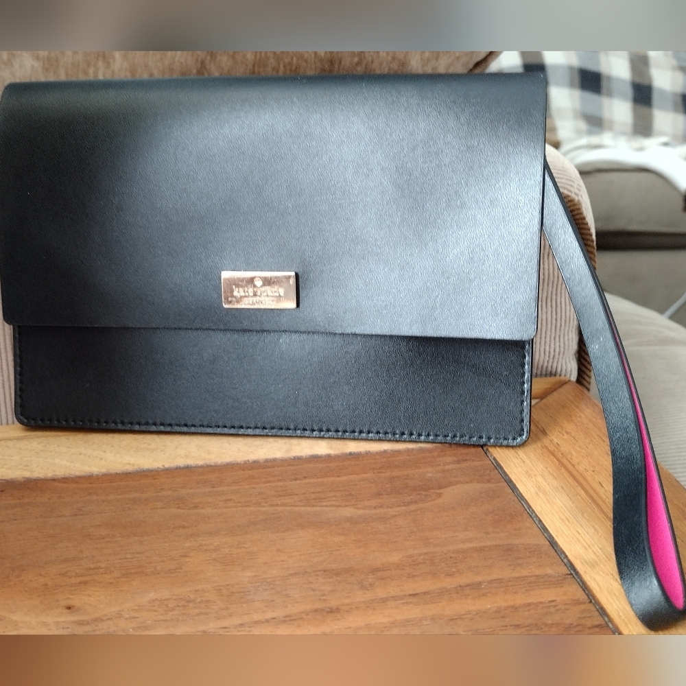 Kate Spade Slim Black & Pink Leather Wristlet With Gold